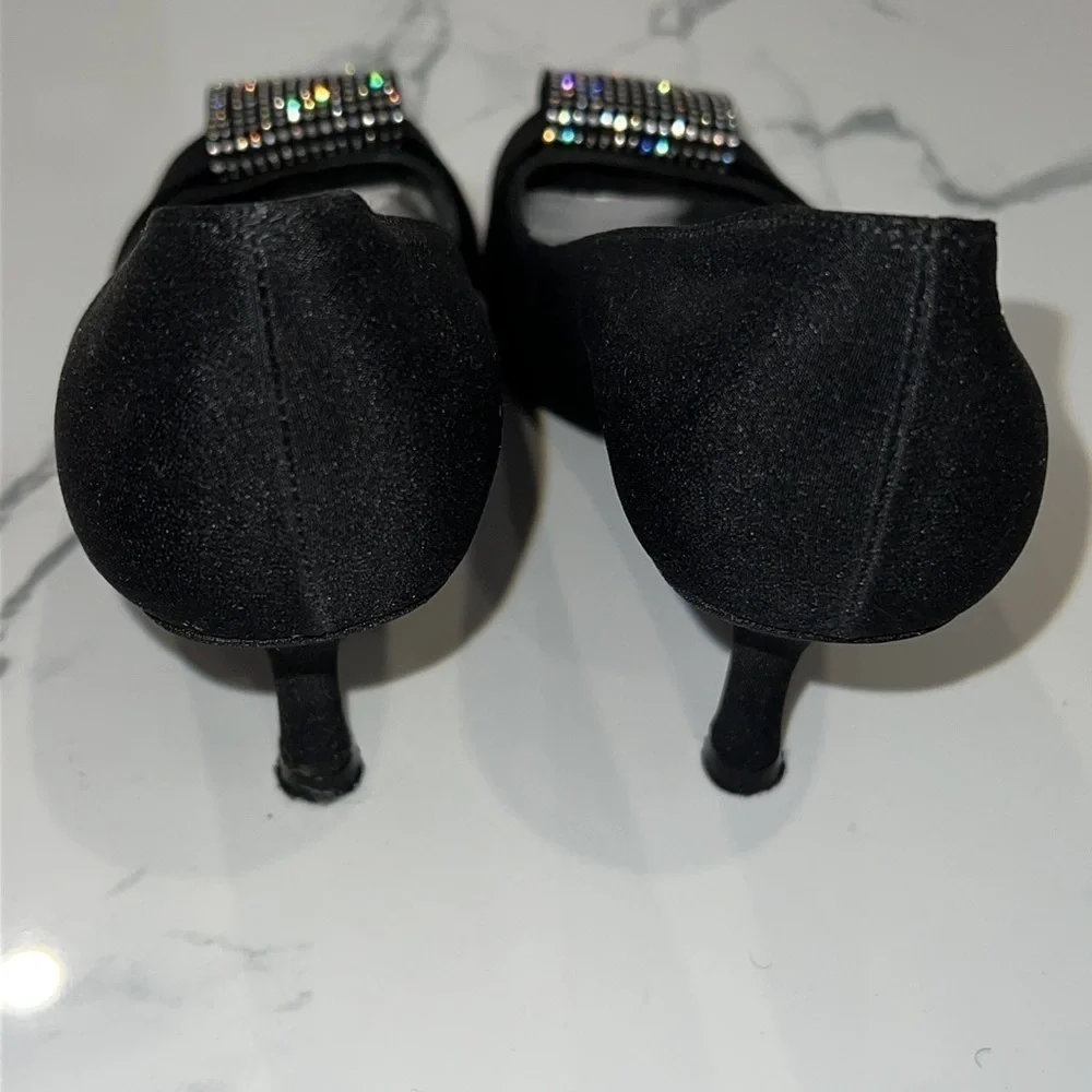 Stuart Weitzman Black Satin Jewel Embellished Peep toe pumps shoes size 6.5 M - Picture 12 of 15